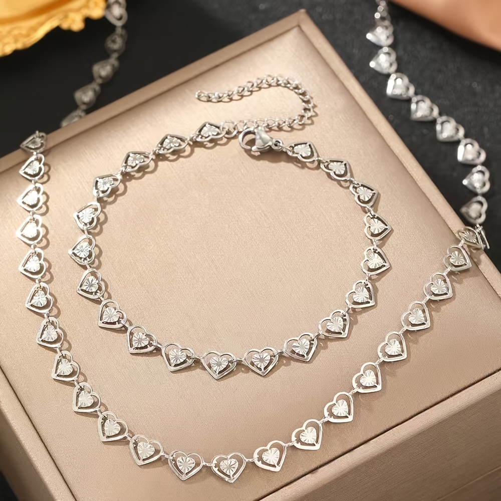 2pcs Stainless Steel Heart to Heart Bracelet Necklace Set